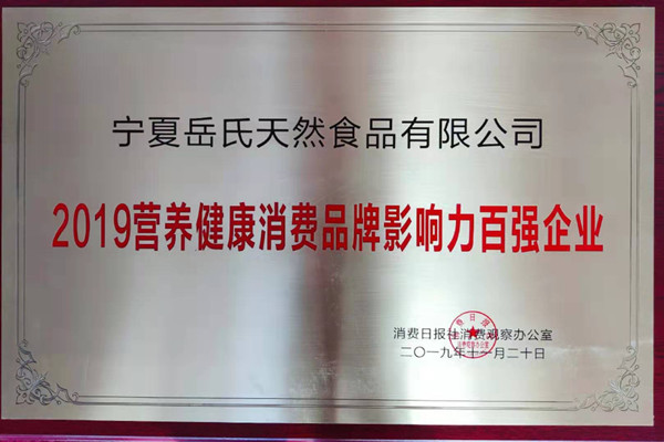 熱烈祝賀寧夏岳氏天然食品有限公司榮獲“2019營養(yǎng)健康消費(fèi)品牌影響力百強(qiáng)企業(yè)”稱號(hào)